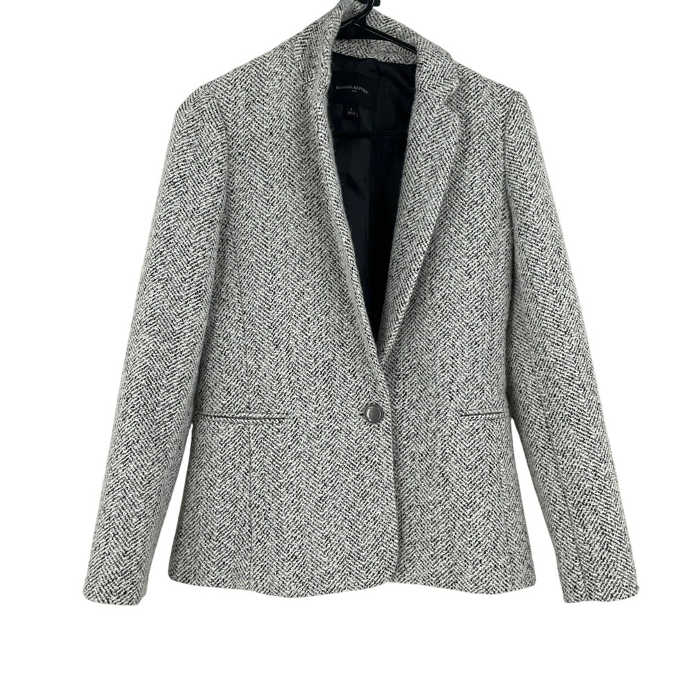 Banana Republic Womens Black White Herringbone Wool Blend Blazer Jacket Size 2